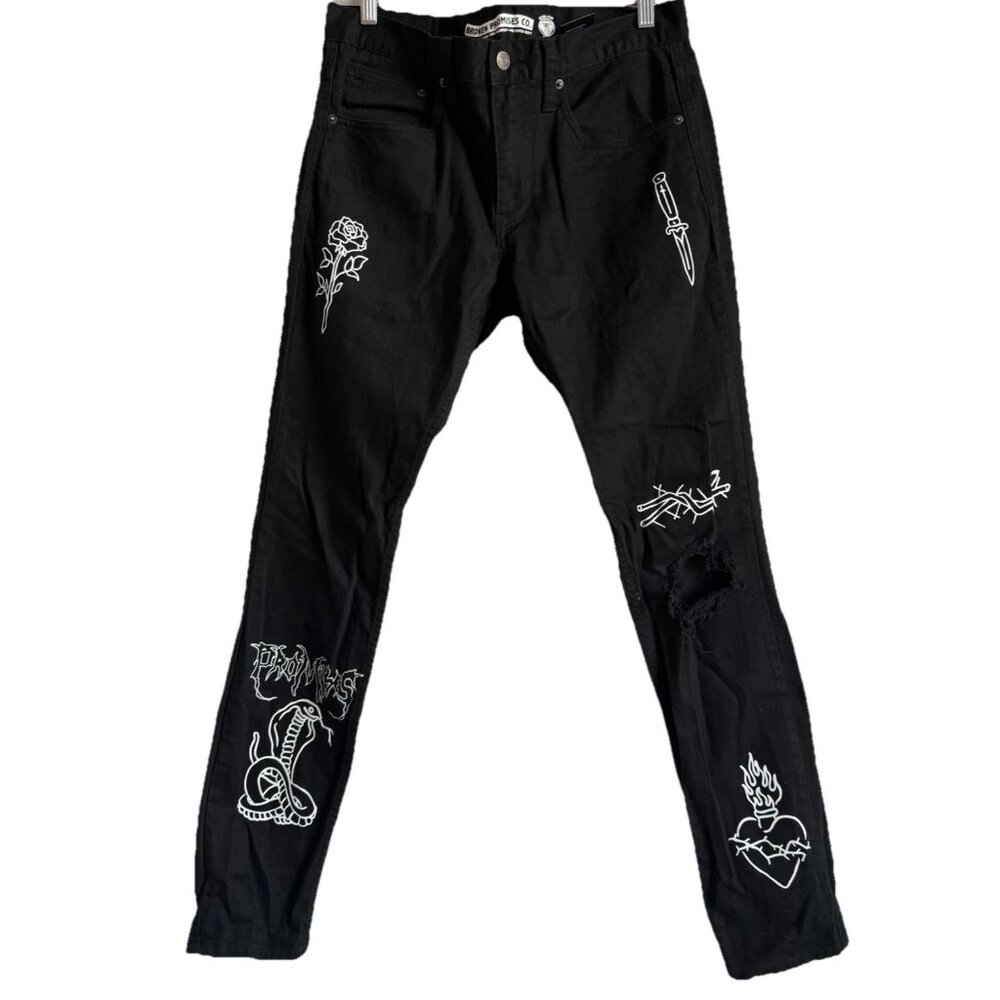 Broken Promises Ultra‎ Slim Jeans Men's Size 32 Black Gothic Emo Ripped Denim